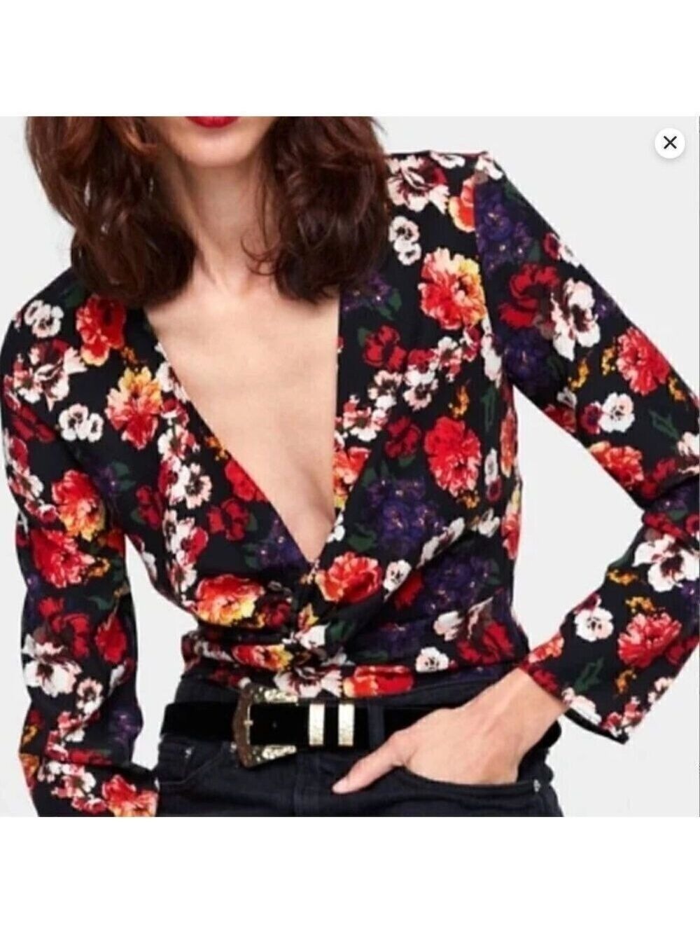 Zara Floral Faux Wrap Long Sleeve Bodysuit
